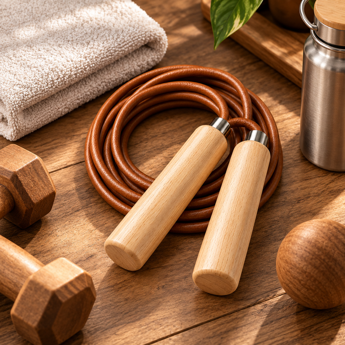 Natural Wood Handle Brown Jump Rope