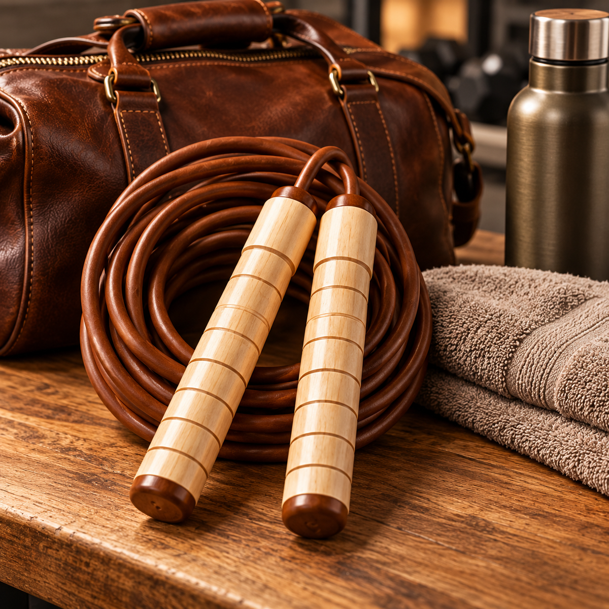 Natural Wood Handle Brown Jump Rope