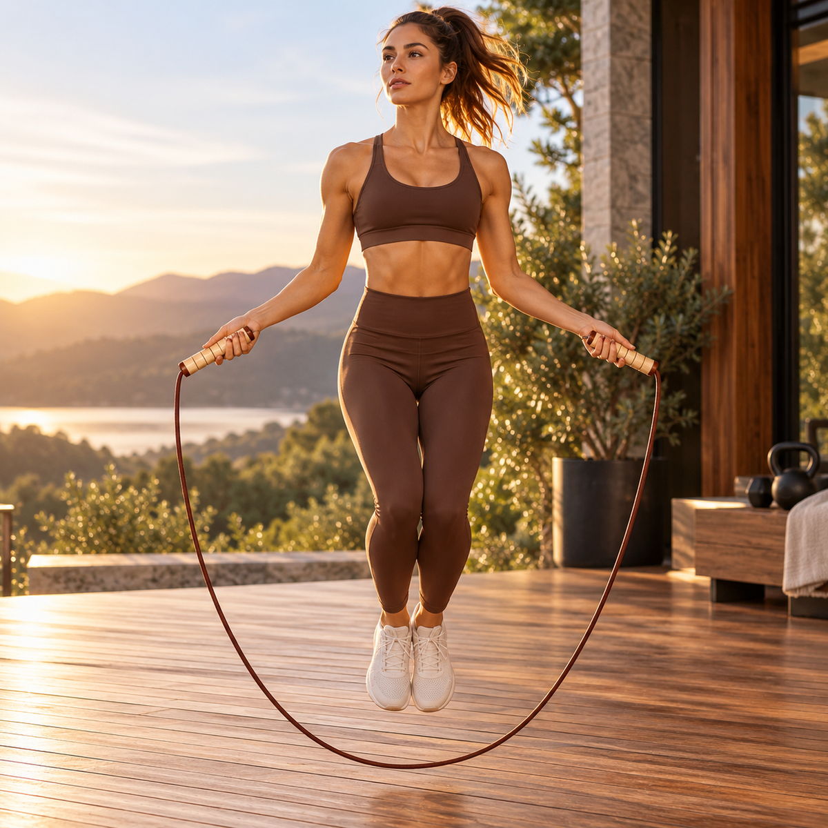 Natural Wood Handle Brown Jump Rope