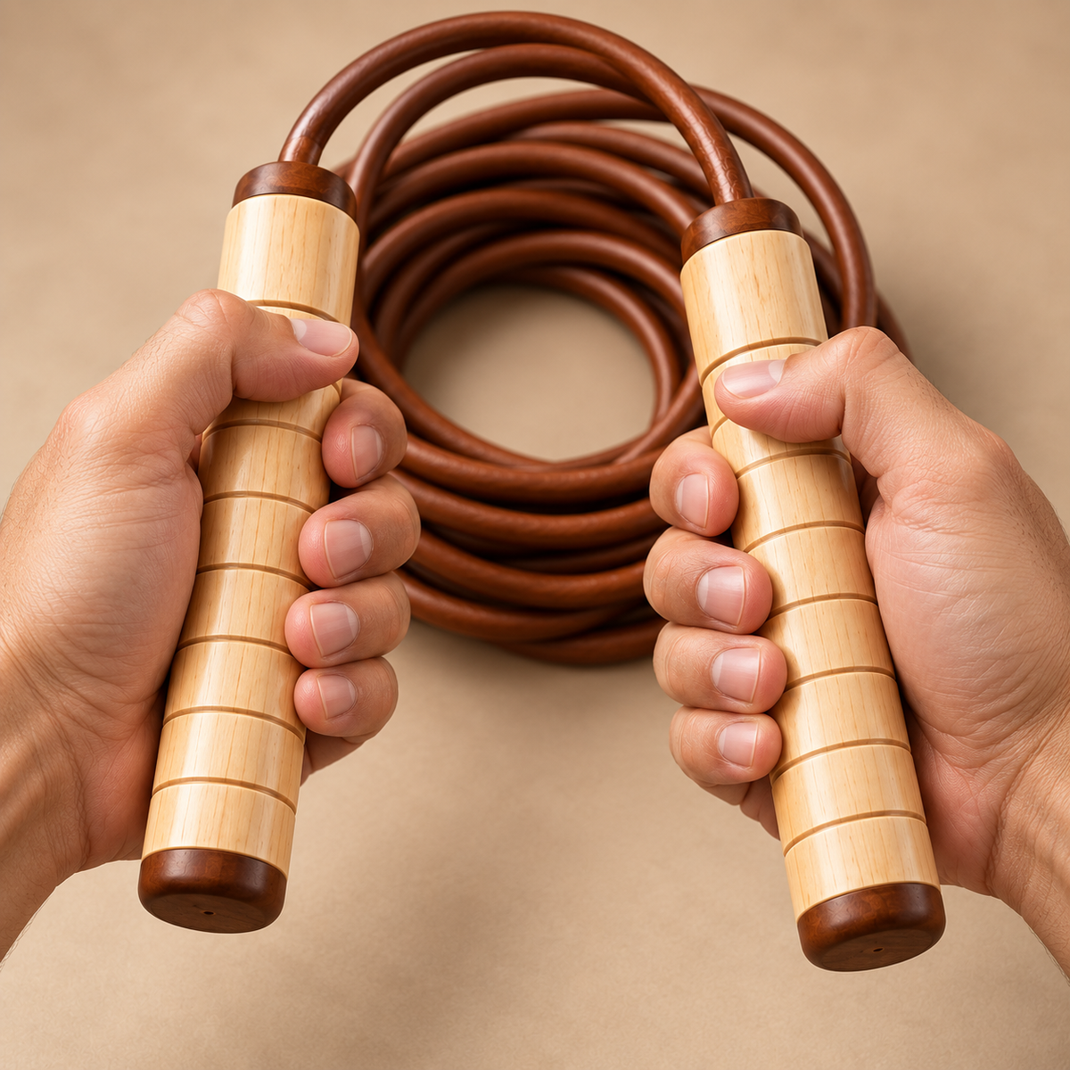 Natural Wood Handle Brown Jump Rope