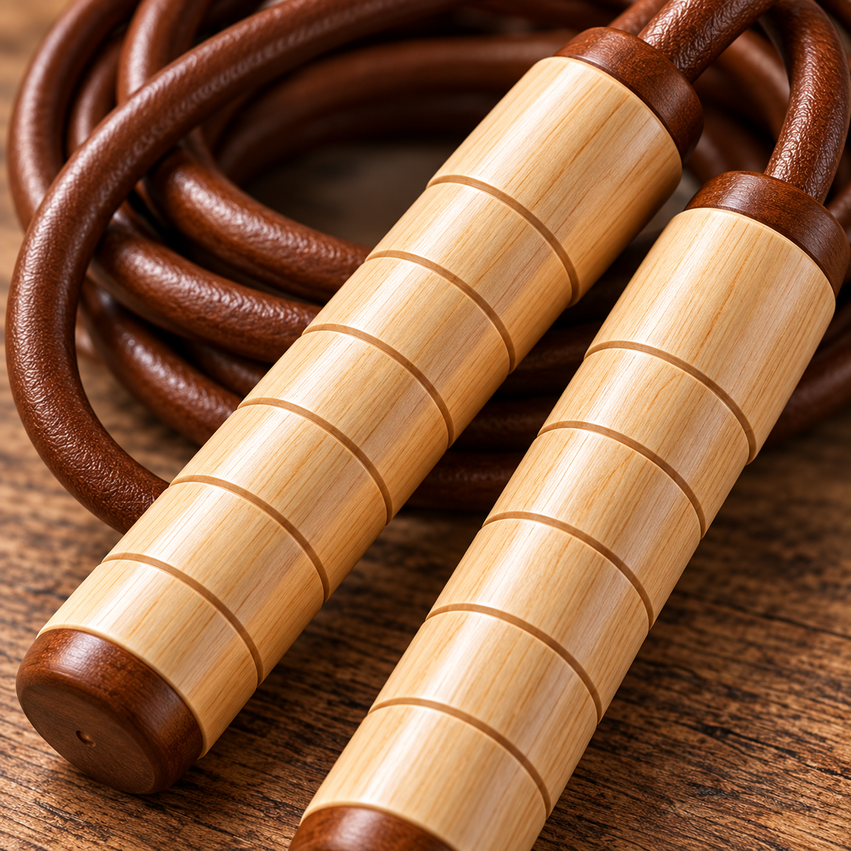 Natural Wood Handle Brown Jump Rope